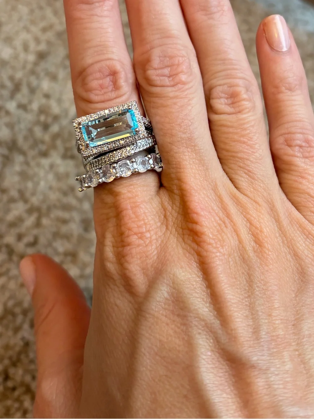 New Aquamarine Blue & Diamond 3 Ring Statement Stacked Ring Stack Set Size 7